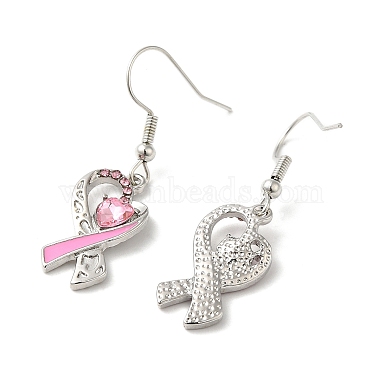October Breast Cancer Pink Awareness Ribbon Alloy Dangle Earrings with Rhinestone(EJEW-Z027-01P)-2