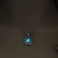 Alloy Lotus Cage Pendant Necklace with Synthetic Luminaries Stone, Glow In The Dark Jewelry for Women, Cyan, 17.72 inch(45cm)(LUMI-PW0001-044P-A)