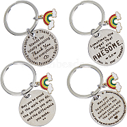 4Pcs 4 Styles  Teacher's Day Stainless Steel Flat Round with Word Pendant Keychain, with Enamel Rainbow Charm, Golden & Stainless Steel Color, 6.1cm, 1pc/style(KEYC-GF0001-11)