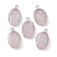 Natural Rose Quartz Oval Pendants, Platinum Plated Brass Oval Charms with Flower, 22~22.5x13~13.5x4.5mm, Hole: 1.6~1.8mm(G-C102-07P-02)