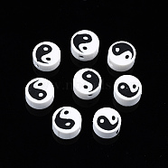 Handmade Polymer Clay Beads, Flat Round with Yin Yang, White, 9~10x9~10x4~7mm, Hole: 2mm(X-CLAY-T016-65K)