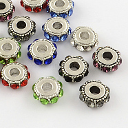 Flat Round Antique Silver Plated Alloy Rhinestone European Beads, Large Hole Beads, Mixed Color, 14~15x6~7mm, Hole: 5mm(X-ALRI-Q228-10)