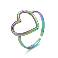 Ion Plating(IP) Rainbow Color 304 Stainless Steel Open Heart Cuff Ring for Women, US Size 6 1/2(16.9mm)(RJEW-C025-22M)