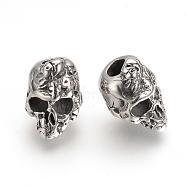 304 Stainless Steel European Beads, Large Hole Beads, Skull, Antique Silver, 15x10x11mm, Hole: 4mm(STAS-Q209-24)