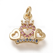 Brass Charms, with Cubic Zirconia and Jump Ring, Crown, Colorful, Real 18K Gold Plated, 15x15.5x2mm, Jump Ring: 5x1mm, 3mm Inner Diameter(X-ZIRC-L099-034G)