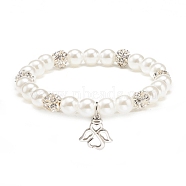 ABS Plastic Imitation Pearl  & Rhinestone Beaded Stretch Bracelet with Alloy Charm for Women, White, Fairy Pattern, Pendant: 17x14x1.5mm, Inner Diameter: 2-1/8 inch(5.3cm)(BJEW-JB08526-03)