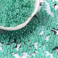 Glass Seed Beads, Ceylon, Round Hole, Round, Medium Aquamarine, 4x3mm, Hole: 1.5mm, 7500pcs/pound(SEED-H002-E-A1417)