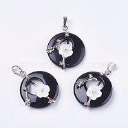 Natural Black Agate Pendants, with Shell, Rhinestone and Platinum Tone Brass Findings, Flat Round with Flower, 35.5~36x28x8mm, Hole: 5x8mm(X-G-F546-A16)