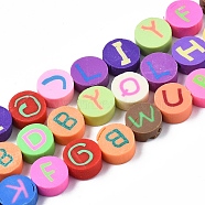 Handmade Polymer Clay Bead Strands, FLat Round with Capital Letter, Mixed Color, 9~10x4~5mm, Hole: 1.6mm, about 40pcs/strand, 14.76 inch~15.35 inch(37.5~39cm)(CLAY-SZ0001-89)