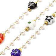 Handmade Flower and Glass Pearl Beaded Chains, Ion Plating(IP) 316 Surgical Stainless Steel Chains, Soldered, with Spool, Real 18K Gold Plated, Round: 2.5~3mm, Flower: 6~8x3mm(CHS-I019-07G)