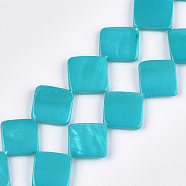 Spray Painted Freshwater Shell Beads, Rhombus, Turquoise, 12~13x12~13x2~4mm, Hole: 0.5mm, about 31pcs/strand, 15.1 inch(SHEL-T010-06E)