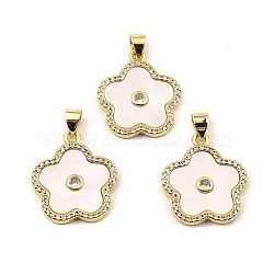 Rack Plating Real 18K Gold Plated Brass Pendants, with Cubic Zirconia and Shell, Long-Lasting Plated, Lead Free & Cadmium Free, Flower, Seashell Color, 21x18x2.5mm, Hole: 5x3.5mm(KK-B077-10G)