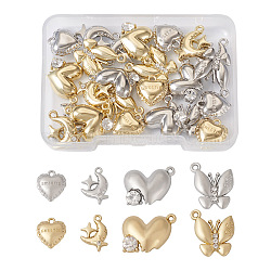 32Pcs 8 Style Rack Plating Alloy Pendants, with Crystal Rhinestone, Moon & Butterfly & Heart, Platinum & Golden, 12.5~19x11~13.5x2.5~5mm, Hole: 1.2~1.5mm, 4Pcs/style(FIND-SW0001-23)