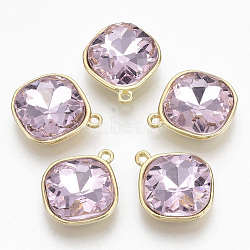 Golden Plated Alloy Pendants, with Glass Rhinestone, Rhombus, Pink, 18x15x5mm, Hole: 1.4mm(PALLOY-N154-03D)