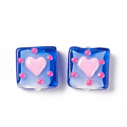 Handmade Lampwork Beads, Square with Heart Pattern, Blue, 16x15x6mm, Hole: 1.8mm(LAMP-G147-01G)