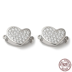 Rhodium Plated 925 Sterling Sliver Micro Pave Clear Cubic Zirconia Box Clasps, 1-Strand, 2-Hole, with 925 Stamp, Heart, Real Platinum Plated, 12x18x7.5mm, Hole: 2.1mm(STER-M114-09P)
