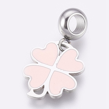 304 Stainless Steel European Dangle Charms, Large Hole Pendants, with Enamel, Clover, Stainless Steel Color, Misty Rose, 26mm, Hole: 4mm, Pendant: 16.5x14x1mm
