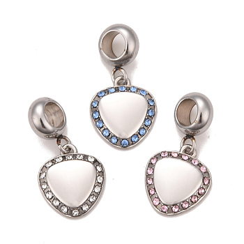 304 Stainless Steel Rhinestone European Dangle Charms, Large Hole Pendants, Stainless Steel Color, Heart, Mixed Color, 23mm, Hole: 4.5mm