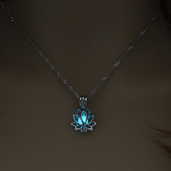 Alloy Lotus Cage Pendant Necklace with Synthetic Luminaries Stone, Glow In The Dark Jewelry for Women, Cyan, 17.72 inch(45cm)