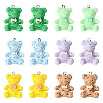 10Pcs Opaque Resin Pendants, with Platinum Tone Iron Loops, Bear with Bowknot, Mixed Color, 27~30x20~21.5x4.5~5mm, Hole: 2mm