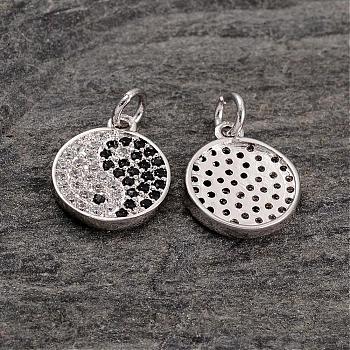 Flat Round Brass Micro Pave AAA Cubic Zirconia Pendants, Cadmium Free & Nickel Free & Lead Free, Real Platinum Plated, 14x12x2mm, Hole: 3mm