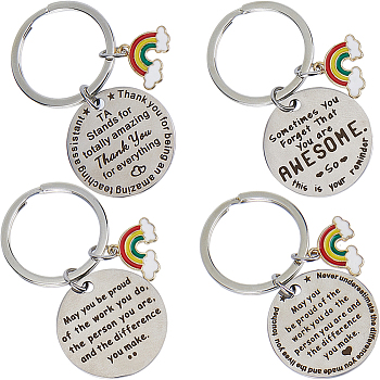 4Pcs 4 Styles  Teacher's Day Stainless Steel Flat Round with Word Pendant Keychain, with Enamel Rainbow Charm, Golden & Stainless Steel Color, 6.1cm, 1pc/style