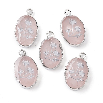 Natural Rose Quartz Oval Pendants, Platinum Plated Brass Oval Charms with Flower, 22~22.5x13~13.5x4.5mm, Hole: 1.6~1.8mm