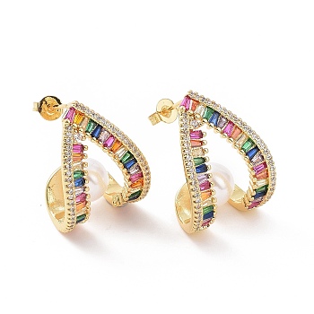 Colorful Cubic Zirconia Teardrop Stud Earrings, Brass Jewelry for Women, Golden, 22x17mm, Pin: 0.7mm