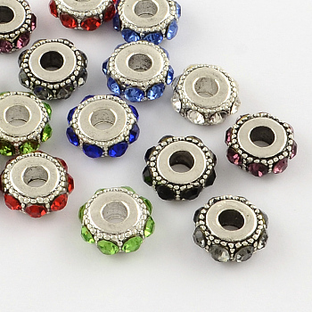 Flat Round Antique Silver Plated Alloy Rhinestone European Beads, Large Hole Beads, Mixed Color, 14~15x6~7mm, Hole: 5mm