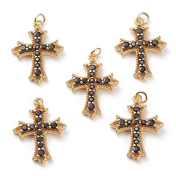 Brass Micro Pave Black Cubic Zirconia Pendants, with Jump Rings, Greek Cross, Real 18K Gold Plated, 25x18.5x3mm, Jump Ring: 5x1mm, 3mm Inner Diameter