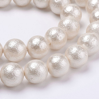 Wrinkle Textured Shell Pearl Beads Strands, Round, White, 8mm, Hole: 1mm, about 48pcs/strand, 15.6 inch(39.5cm)