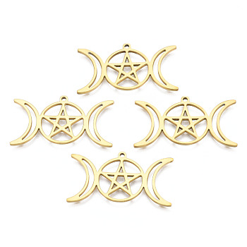 201 Stainless Steel Pendants, Star & Moon, Real 18K Gold Plated, 19x35x1mm, Hole: 1.2mm