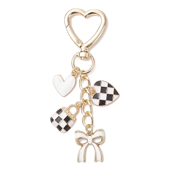 Valentine's Day Bowknot Heart Bag Alloy Enamel Pendant Decorations, with Heart Alloy Swivel Clasps, Black, 93mm