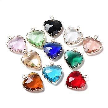 Brass and K9 Glass Pendants, Heart Charms, Mixed Color, 22.5x18x6mm, Hole: 2.2mm