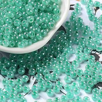 Glass Seed Beads, Ceylon, Round Hole, Round, Medium Aquamarine, 4x3mm, Hole: 1.5mm, 7500pcs/pound