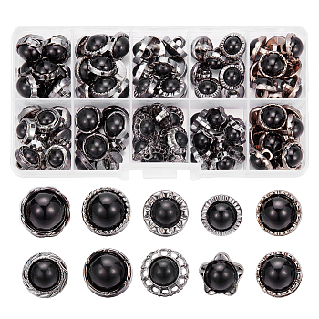 100Pcs 10 Styles 1-Hole Resin Imitation Pearl Shank Buttons, with Plastic Findings, Round & Flower & Star, Black, 11~13x9~11mm, Hole: 3.5~4x2.5~3.6mm, 10pcs/style
