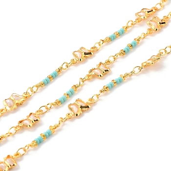 Handmade Brass Beaded Chains, with Glass Butterfly Link & Seed Beads, Long-Lasting Plated, Soldered, with Spool, Golden, Sky Blue, Link: 12.5x6x2mm, 10x2mm