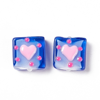 Handmade Lampwork Beads, Square with Heart Pattern, Blue, 16x15x6mm, Hole: 1.8mm