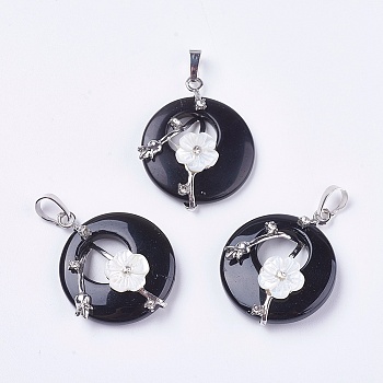 Natural Black Agate Pendants, with Shell, Rhinestone and Platinum Tone Brass Findings, Flat Round with Flower, 35.5~36x28x8mm, Hole: 5x8mm