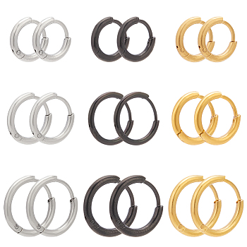 18PCS 3 Size 3 Colors Brass Huggie Hoop Earrings for Women, Mixed Color, 9~13.5x1.5mm, Pin: 0.8mm, 2pcs/color