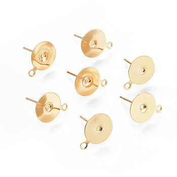 304 Stainless Steel Stud Earring Findings, Flat Pad Earring Post, Real 18k Gold Plated, 10mm, Hole: 1.5mm, Pin: 0.8mm