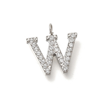 304 Stainless Steel Micro Pave Cubic Zirconia Pendants, Letter A~Z Charms, Letter W, 12.5x12.5x2mm, Hole: 2mm