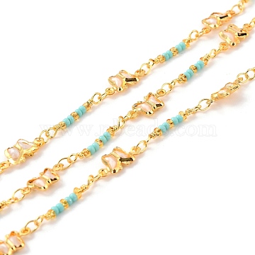 Handmade Brass Beaded Chains, with Glass Butterfly Link & Seed Beads, Long-Lasting Plated, Soldered, with Spool, Golden, Sky Blue, Link: 12.5x6x2mm, 10x2mm(CHC-C019-12)