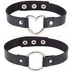 2Pcs 2 Styles Punk Rock Style PU Leather Necklaces, with Alloy Ring and Heart Findings, Platinum, Black, 5.4 inch(39cm), 1pcs/style(NJEW-CL0001-27)