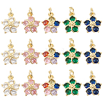15Pcs 5 Colors Brass Clear Cubic Zirconia Pendants, Long-Lasting Plated, Real 18K Gold Plated, Flower, with Jump Ring, Mixed Color, 12.5x10.5x4mm, Hole: 3.5mm, jump ring: 5x0.75mm, 3pcs/color(ZIRC-DR0001-06)