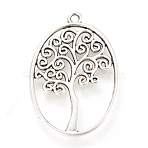 Tibetan Style Alloy Pendants, Oval with Tree, Cadmium Free & Nickel Free & Lead Free, Antique Silver, 40x27x2mm, Hole: 2mm, about 255pcs/1000g(TIBEP-Q064-07AS-NR)