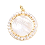 Brass with Natural White Shell Pendants, with ABS Plastic Imitation Pearl Beaded Edge, Real 18K Gold Plated, Long-Lasting Plated, Rack Plating, Lead Free & Cadmium Free, Flat Round Charms, 38.5x35x5mm, Jump Ring: 8x1.5mm, Inner Diameter: 5mm(KK-C162-005A-G)