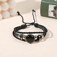 Natural Black Onyx Flat Round Link Multi-strand Bracelets, PU Leather Braided Triple Layer Bracelets for Men Women, Inner Diameter: 2-1/8~2-1/2 inch(5.5~6.5cm)(PW-WGD176F-09)