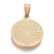 304 Stainless Steel Pendants, Flat Round with Chapter of the Lord's prayer, Golden, 25x21.5x1.5mm, Hole: 3.5x8.5mm(STAS-G210-12G)
