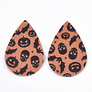 Halloween Theme, PU Leather Big Pendants, Double Sided, Teardrop, Orange, 56x37x2mm, Hole: 1.8mm(X-FIND-R074-01F)
